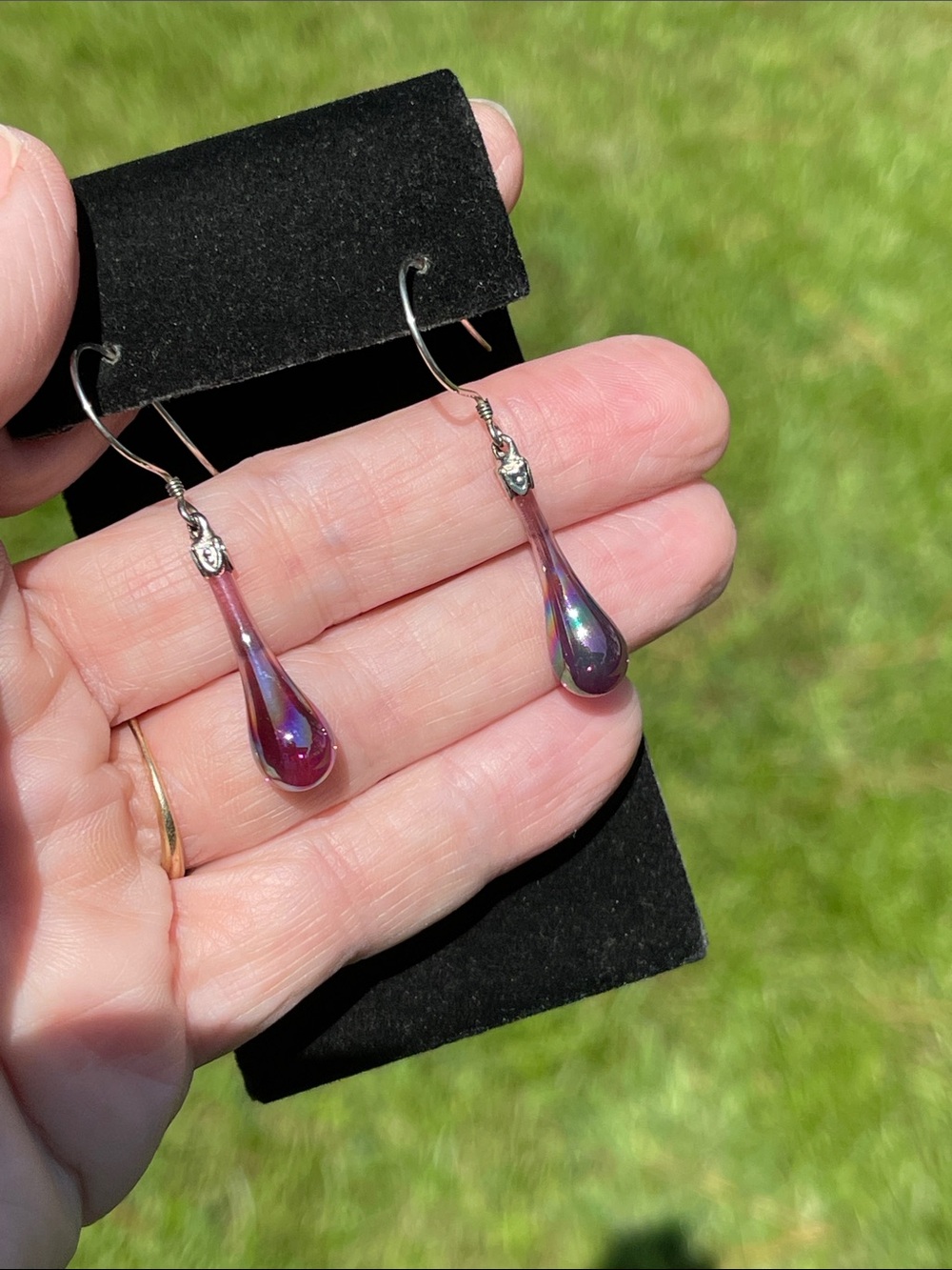 FENTON Carnival Art Glass Tear Drop Earrings Iridescent .925 Sterling Wire NWT - Picture 13 of 16